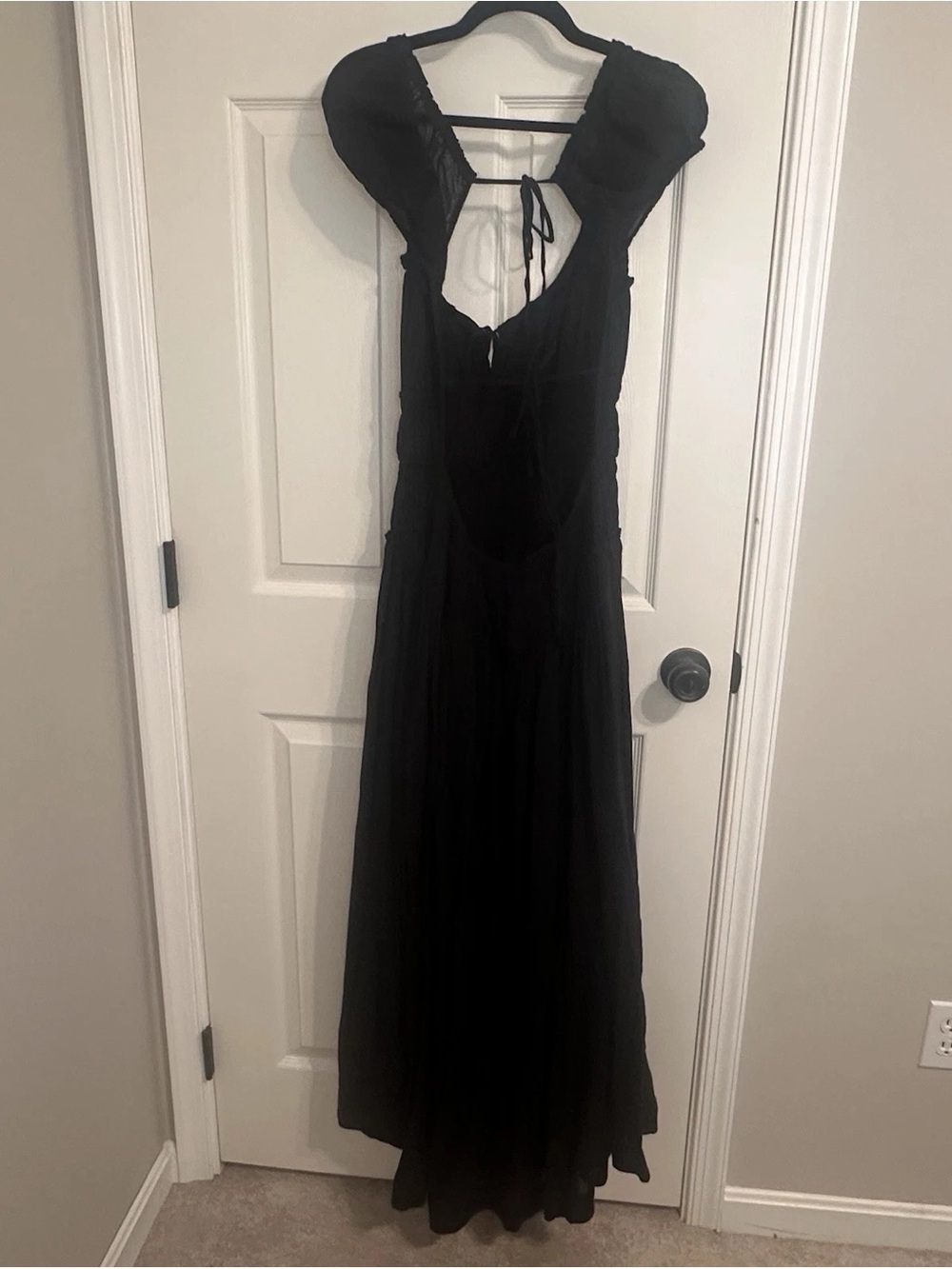 Free People Black Mini Dress with Puff Shoulders and Open Back Tie
